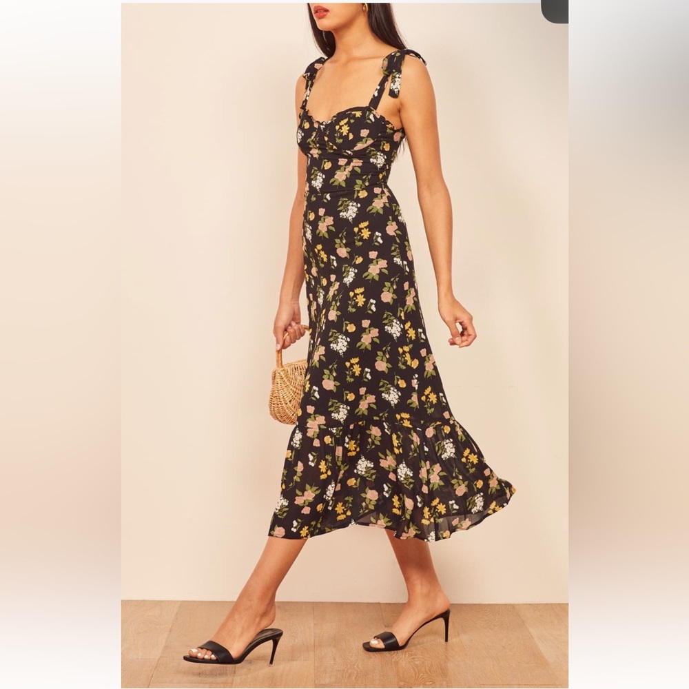 Reformation Floral Midi Dress Floral Print Tie Shoulder Sz 2 - Picture 2 of 16